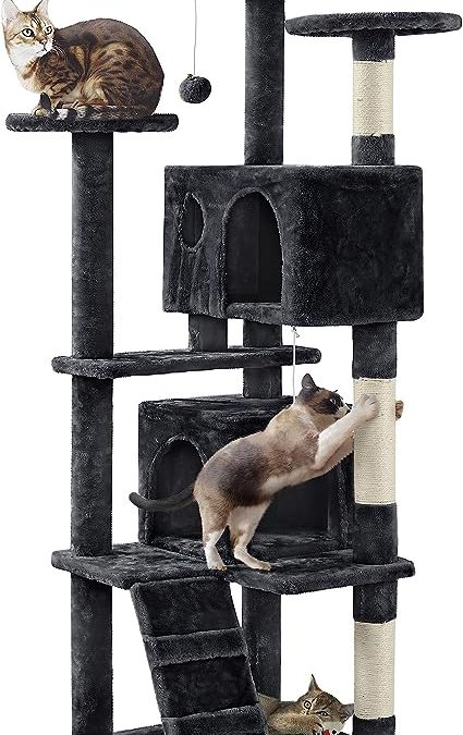 Arbre à Chat avec 2 Niches 3 Plateformes 2 Boules Sisal Naturel Arbre à Grimper Multi-Niveaux Hauteur 137cm Idéal pour 3-4 Chats Gris Foncé