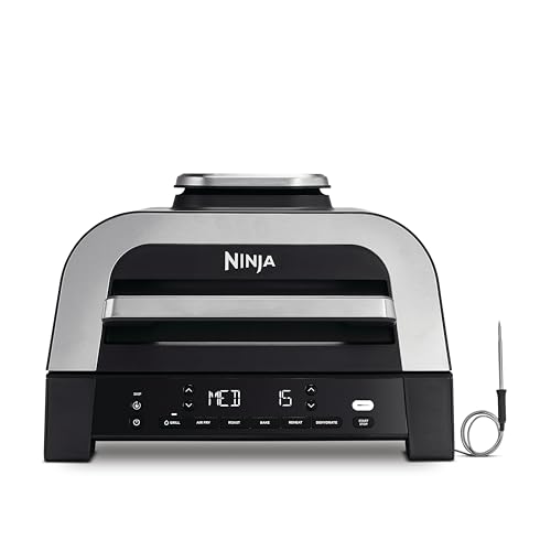 Ninja MAX 6-en-1 Grill d’intérieur et friteuse sans huile, 6 modes, cuit jusqu’à 6 hamburgers, capacité 3,8 l, faible dégagement de fumée, thermomètre à viande numérique inclus, Gris/Argent, DG551EU